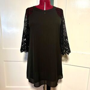 LBD A-Line Black Shift Dress with Crochet Sleeves